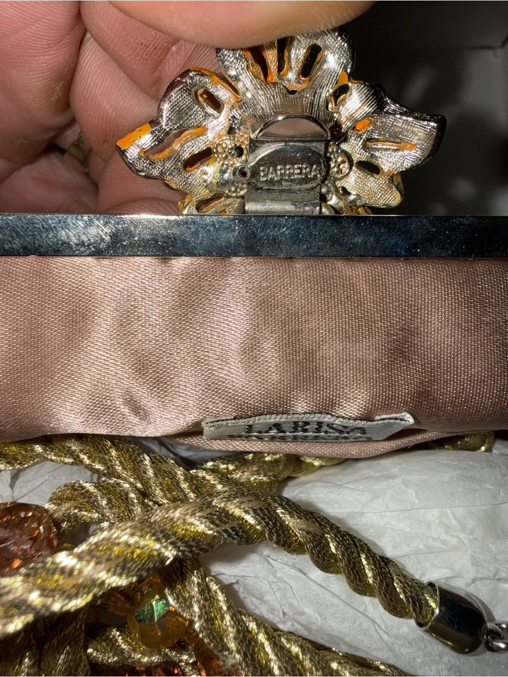Embellished Peach Evening Clutch with Crystal Floral Clasp Larisa Barrera
